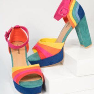 Rainbow Suede Peep Toe Pumps